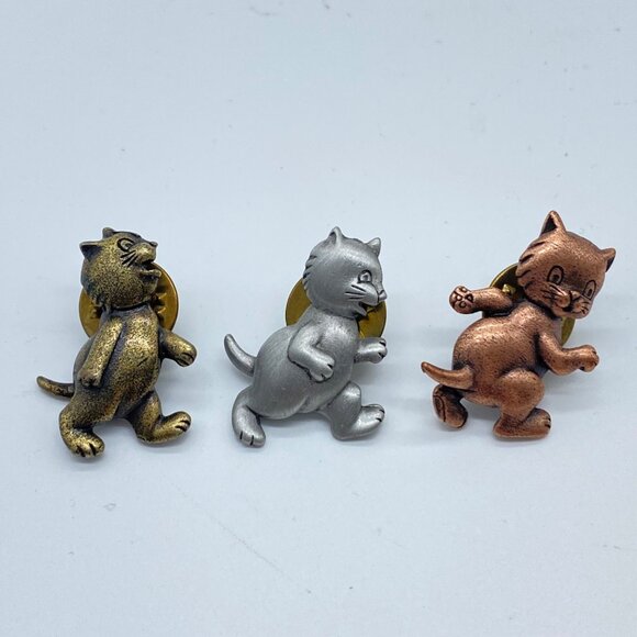 Set Of 3 Vintage Cat Lapel Pins Bronze Silver Gold Tones Secure Backings Retro - Picture 7 of 8